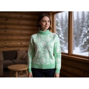 Old Navy Women Green Snowflake Mock Neck Cozy Knit Sweater cottagecore Sz s‎